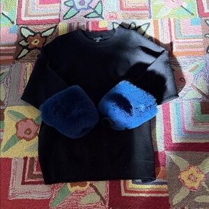 Saks Fifth Avenue Black Sweatshirt with Blue faux fur Accents